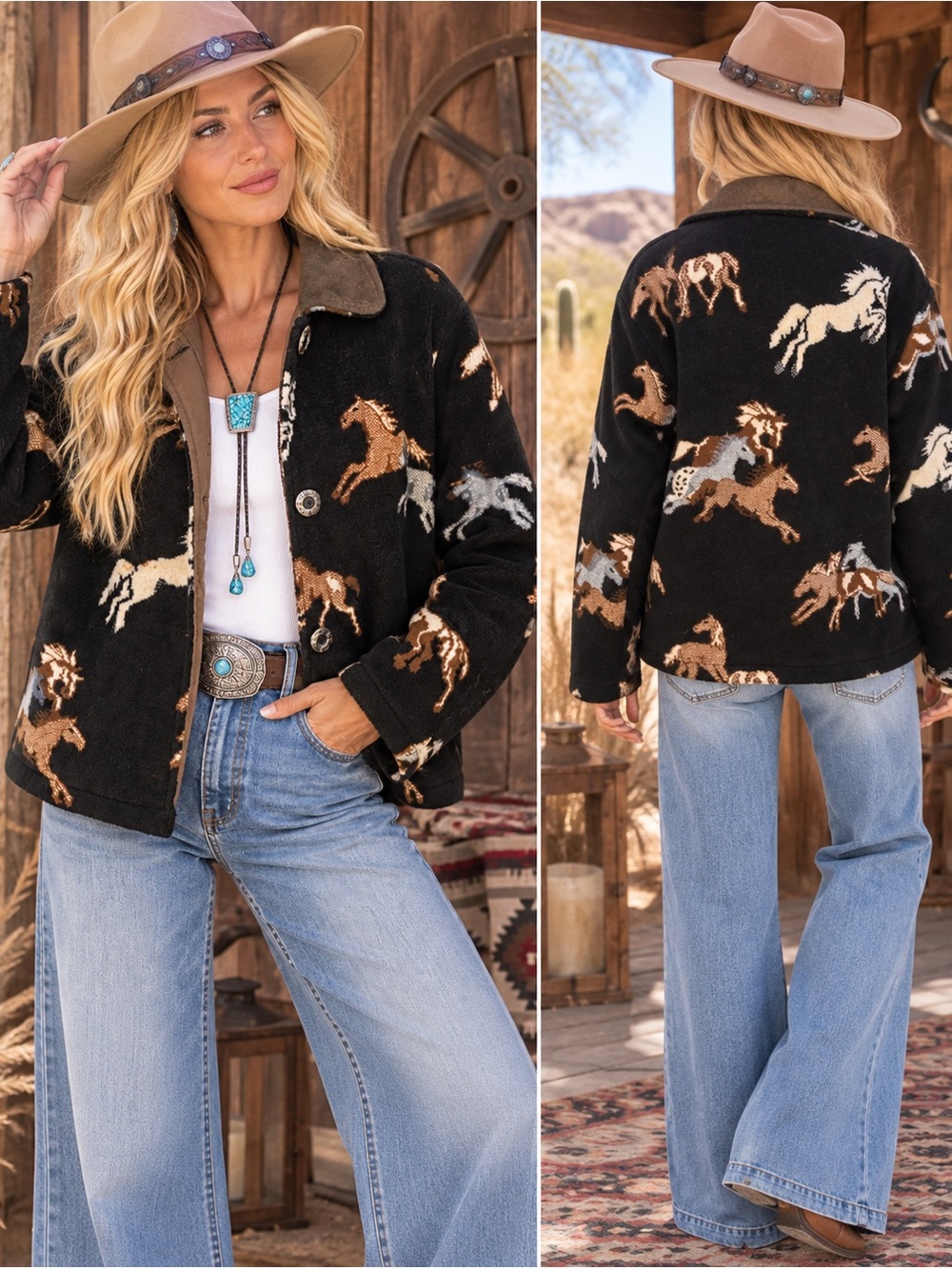 Vintage Black Horse-Print Button Jacket